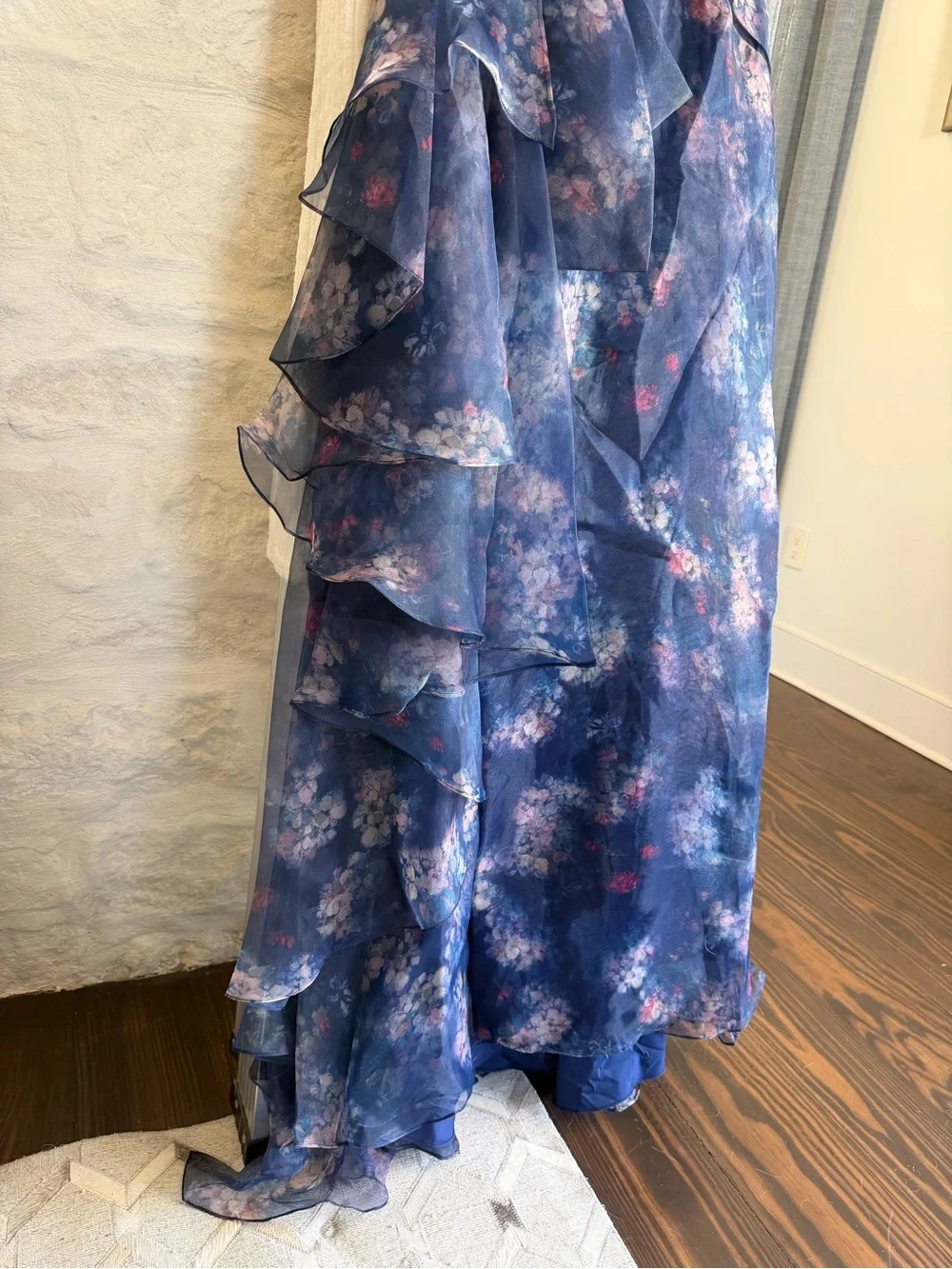 Navy Floral Strapless Evening Gown with Ruffle Detail - Picture 6 of 11